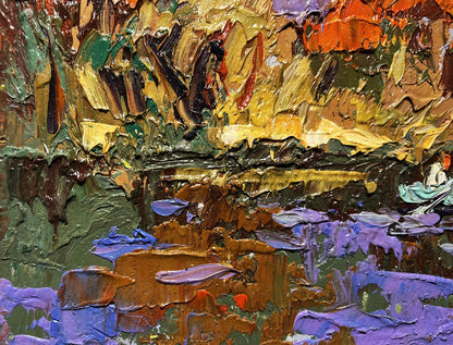 Oil painting Fishing in autumns by Oleksiy Ivanyuk vibrant textured artwork