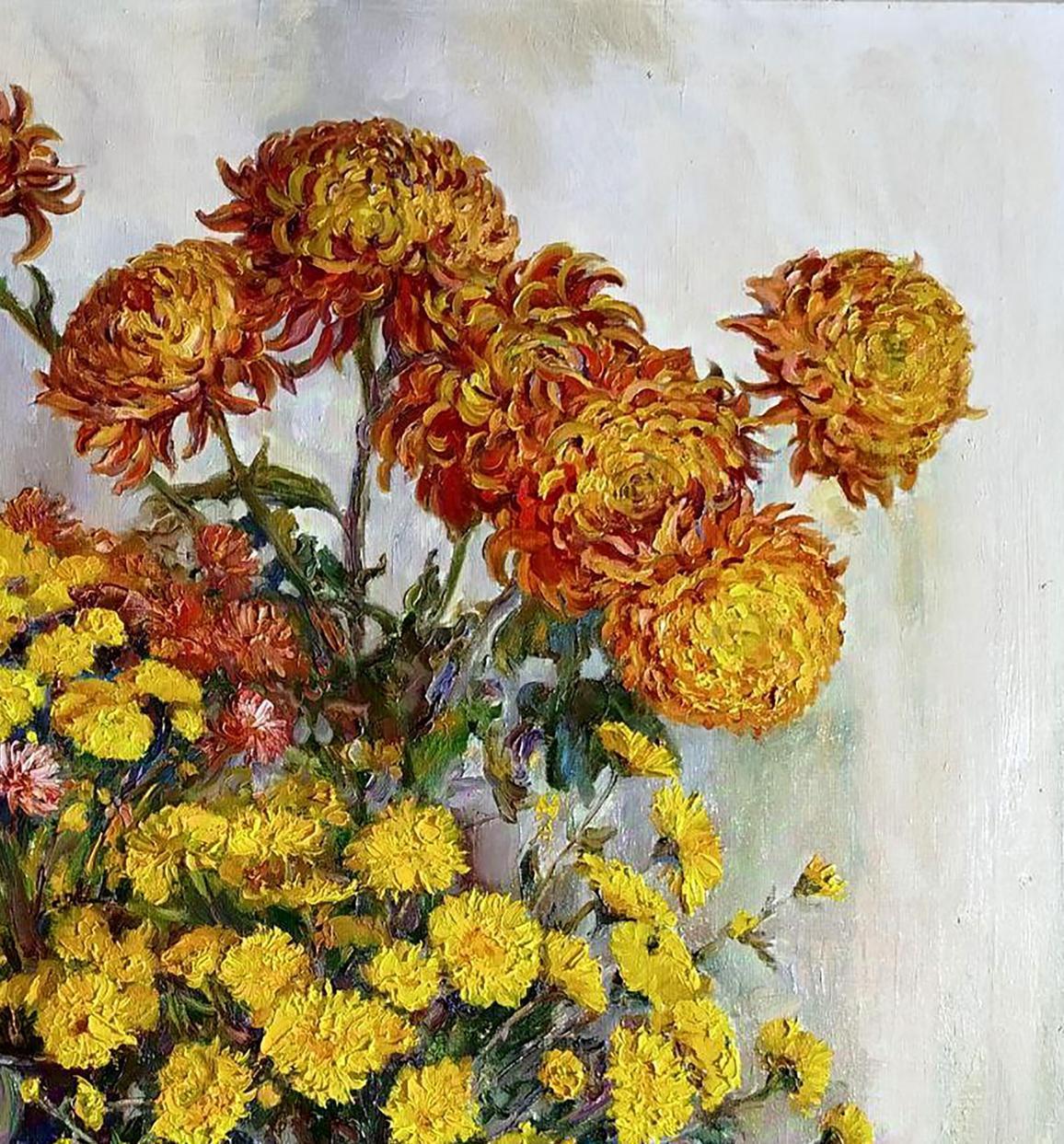 Oil painting Autumn bouquet by Leonid Pavlenko with yellow chrysanthemums