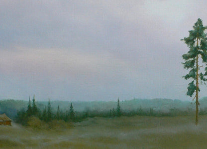 Oil painting of tall pine tree by Vasily Korkishko, muted sky