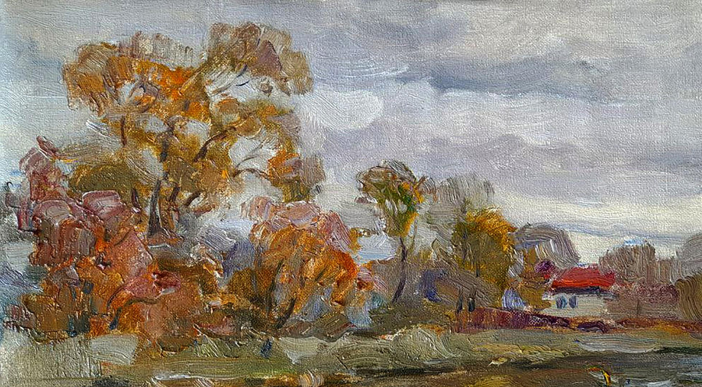 Oil painting of winding river in autumn forest by Ivan Kovalenko