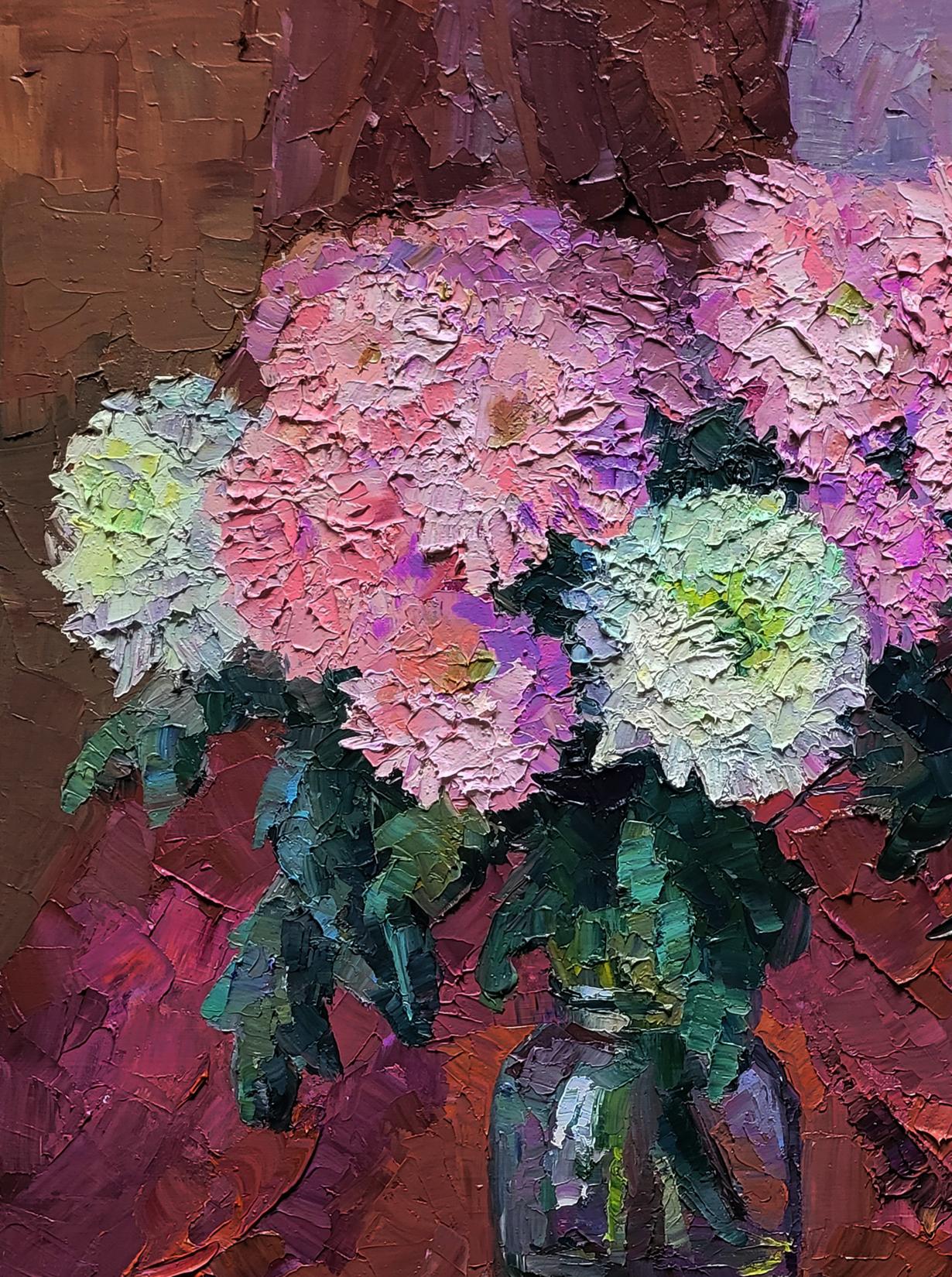 Vibrant oil painting of Boris Serdyuk chrysanthemum bouquet in glass vase