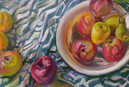 Oil painting of table with apples by Leonid Pavlenko
