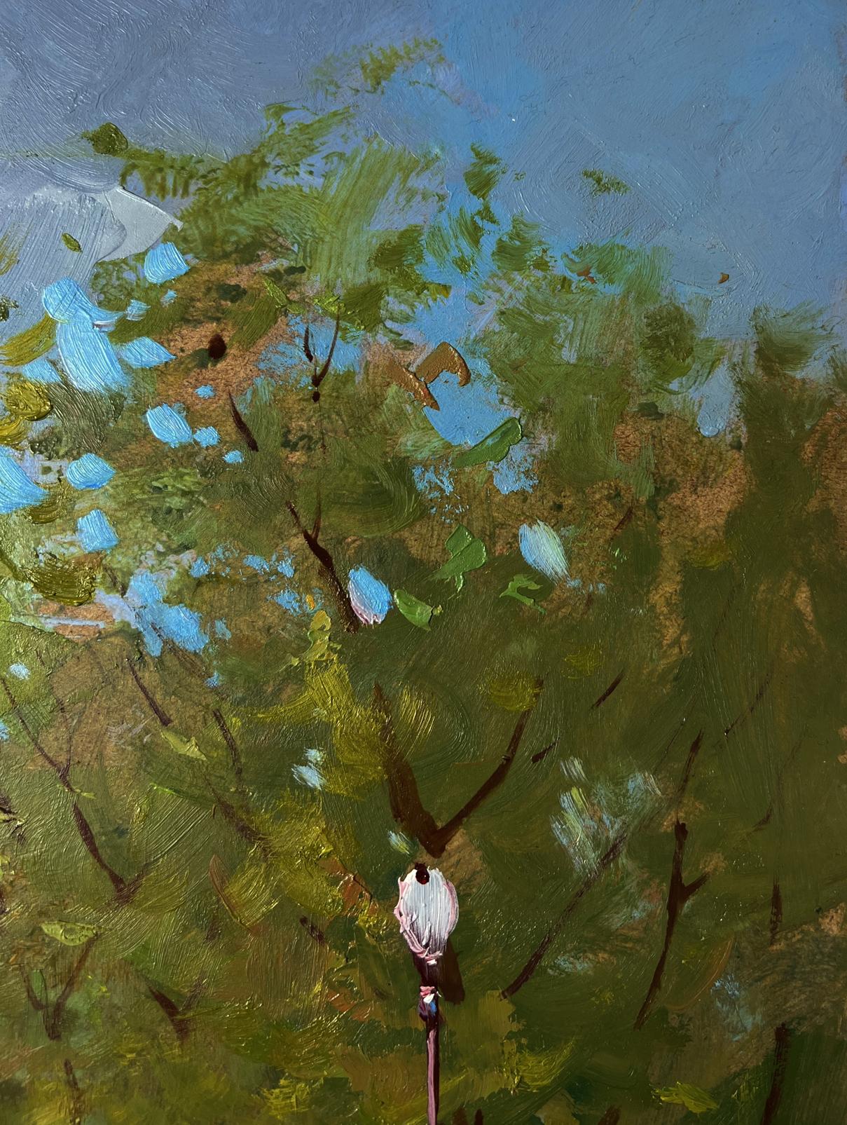 Impressionist oil painting of lone white figure under green blue foliage by Yuri Suprunchuk