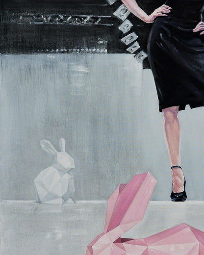Pink geometric rabbit sculpture by Oleg Kateryniuk oil painting