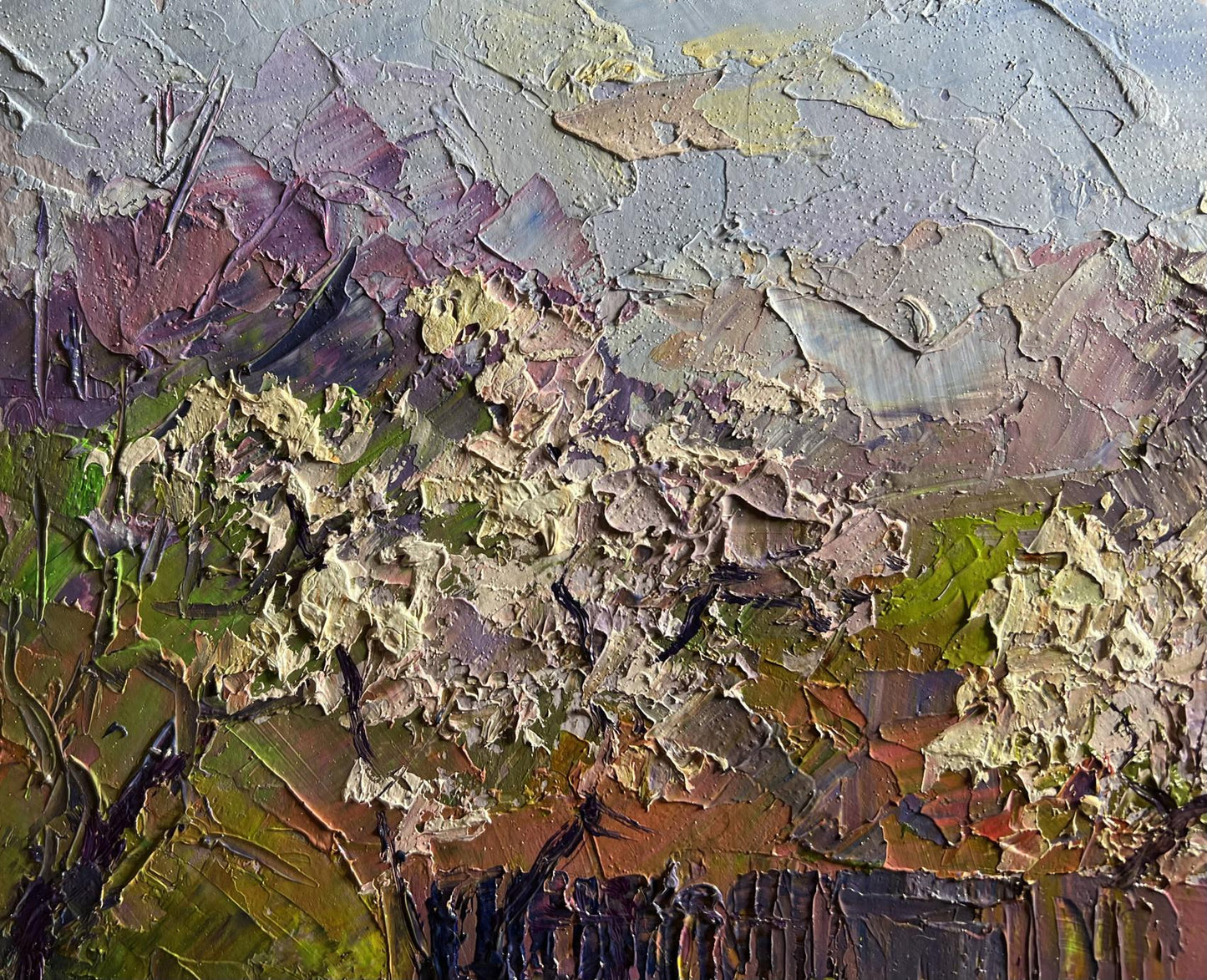 Oil painting Cherry blossoms Boris Serdyuk with textured impasto in earthy tones