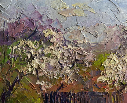 Oil painting Cherry blossoms Boris Serdyuk with textured impasto in earthy tones