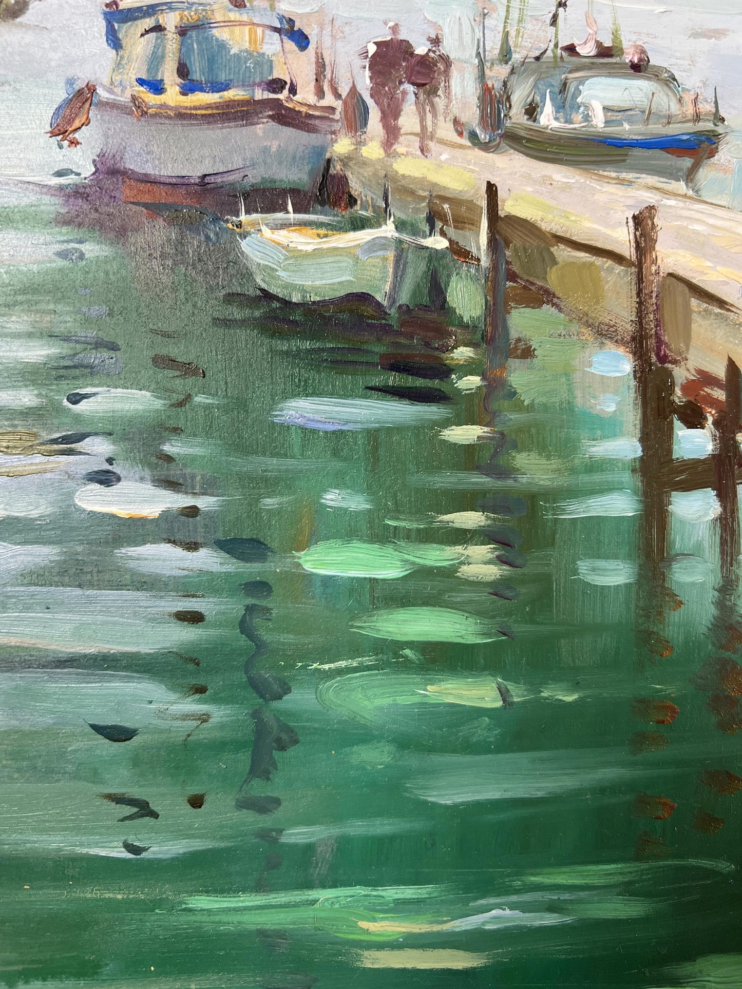 Textured impressionist oil painting Where boats sleep at the pier by Yuriy Suprunchuk