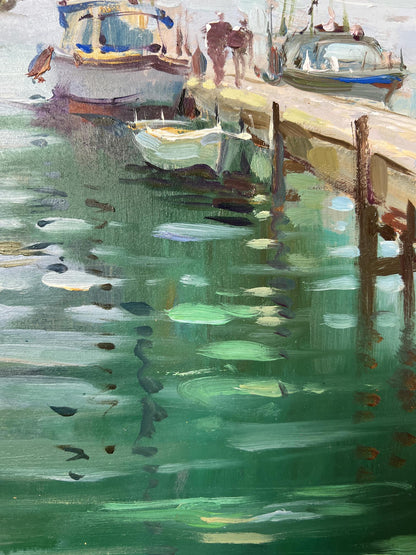 Textured impressionist oil painting Where boats sleep at the pier by Yuriy Suprunchuk