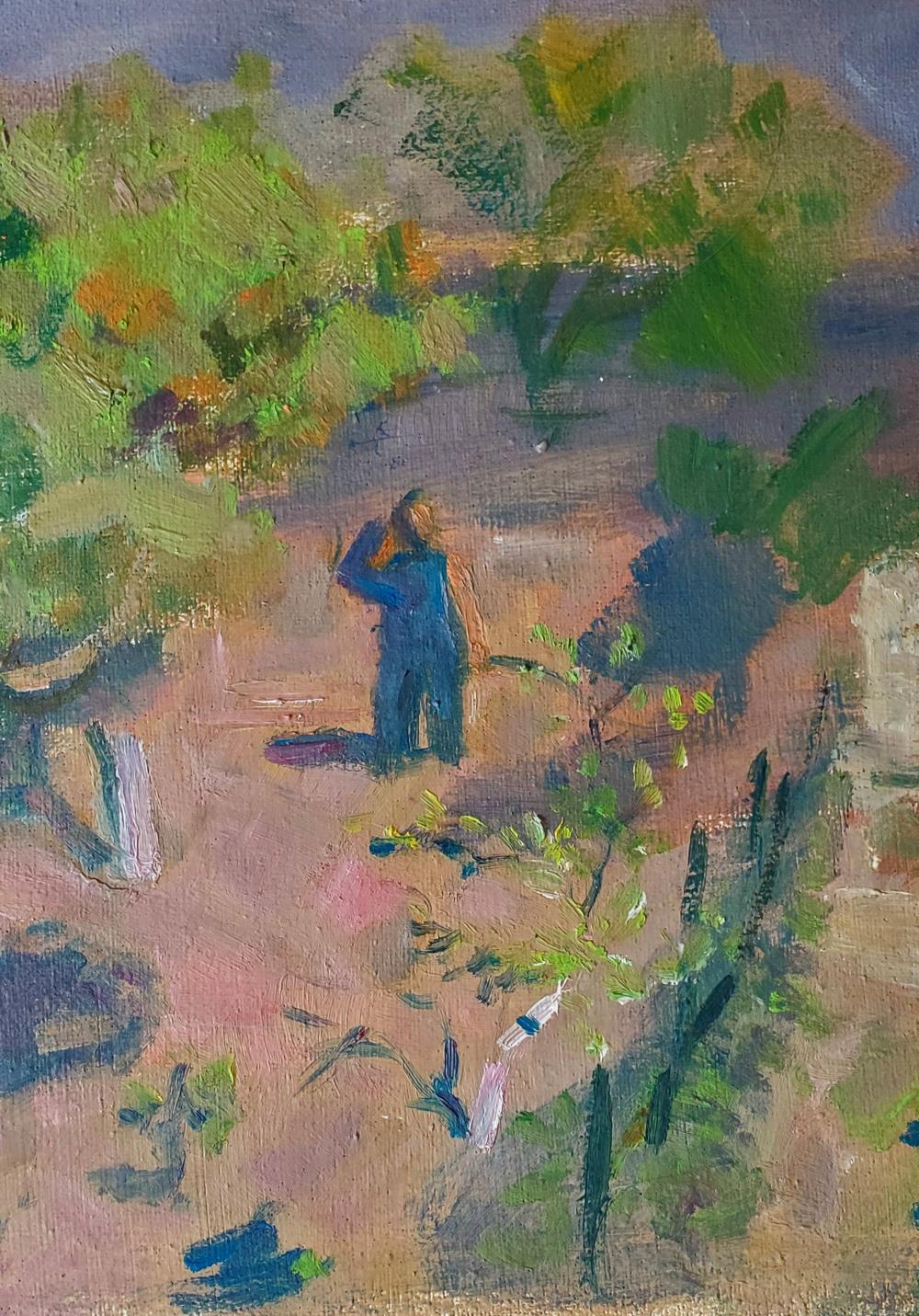 Oil painting In the garden in spring by Daniil Litvinov with lush foliage