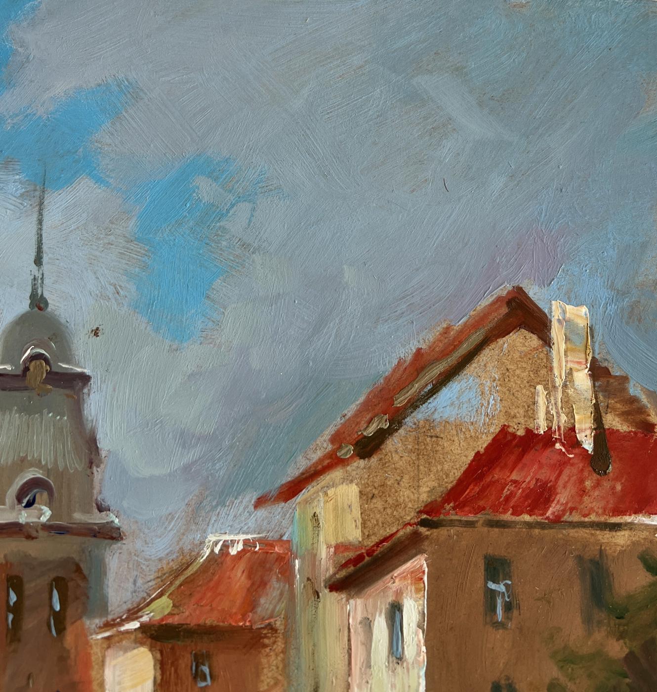 Oil painting of quiet pier near city with red roofs by Yuriy Suprunchuk