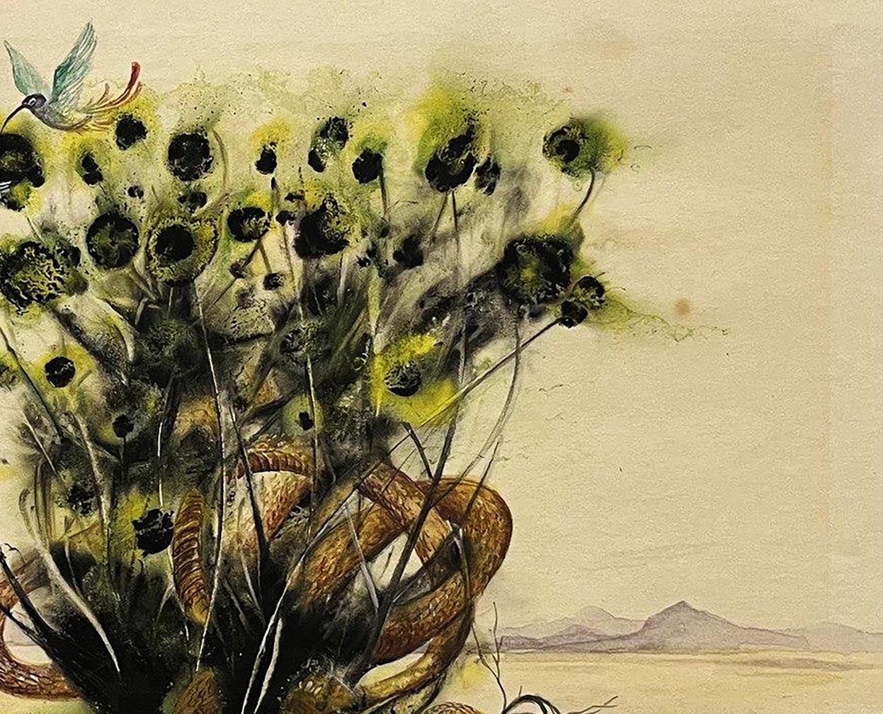 Watercolor painting Desert Dwellers by Dmytro Startsev: vibrant green black florals