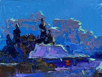 Vibrant blue oil painting Moonlit winter night by Oksana Ivanyuk