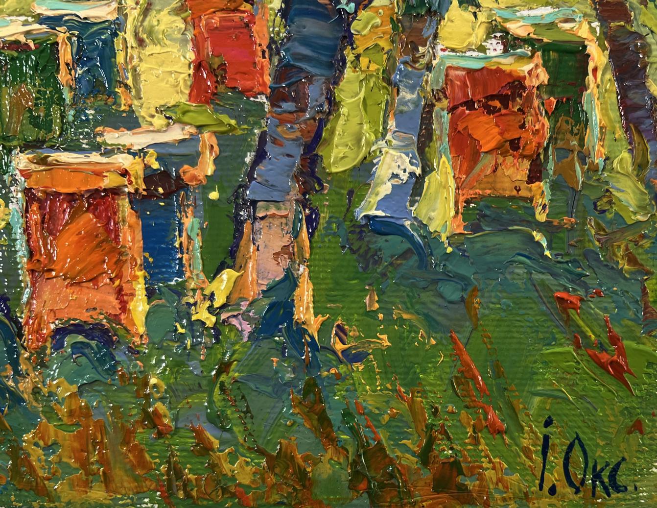 Vibrant impressionist oil painting Apiary in the forest by Oksana Ivanyuk