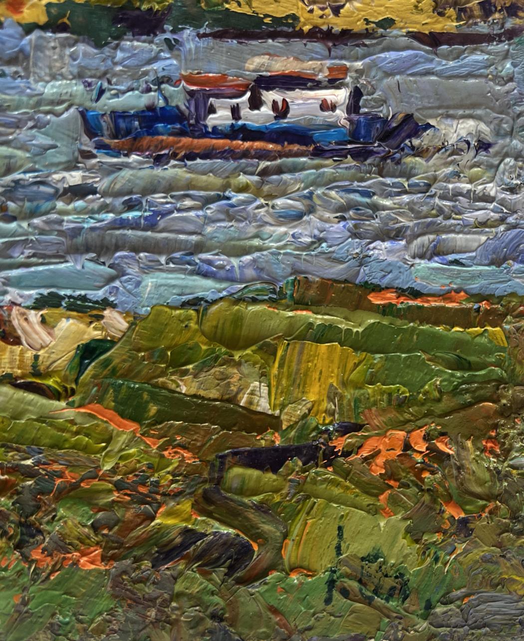 Oil painting Sailing on the River by Oleksiy Ivanyuk, textured blue boat on choppy waters