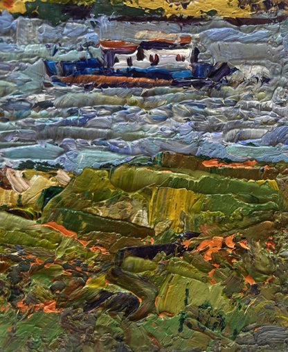 Oil painting Sailing on the River by Oleksiy Ivanyuk, textured blue boat on choppy waters