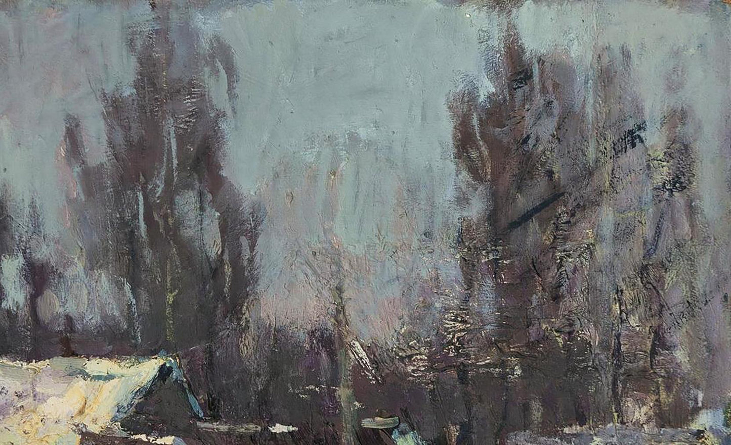 Impressionistic oil painting of bare trees by Volodymyr Pashchenko, After a cold night