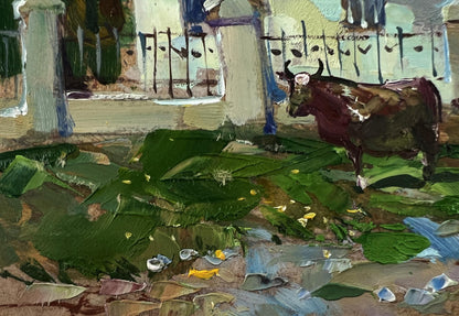 Oil painting of dark brown cow with white markings by Yuriy Suprunchuk