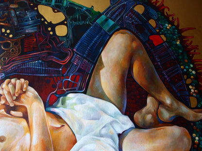 Surreal oil painting Overcoming the Singularity by Konsta G. Amelinn, nude figure reclining