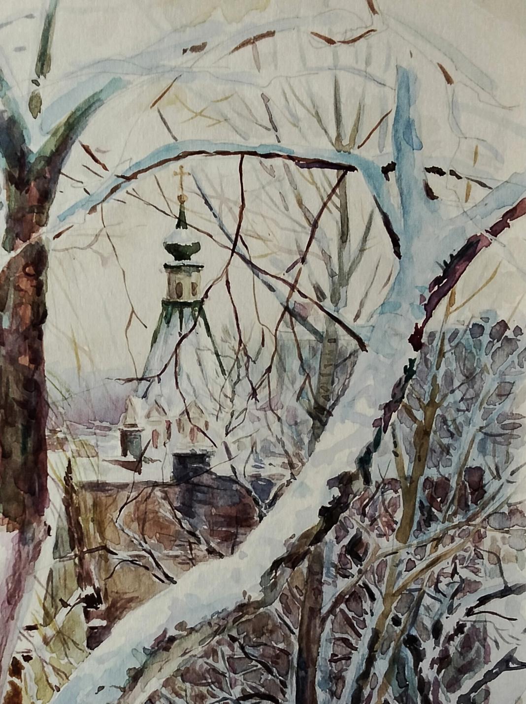 Watercolor painting of snow-covered church spire by Vitaly Duhnevich