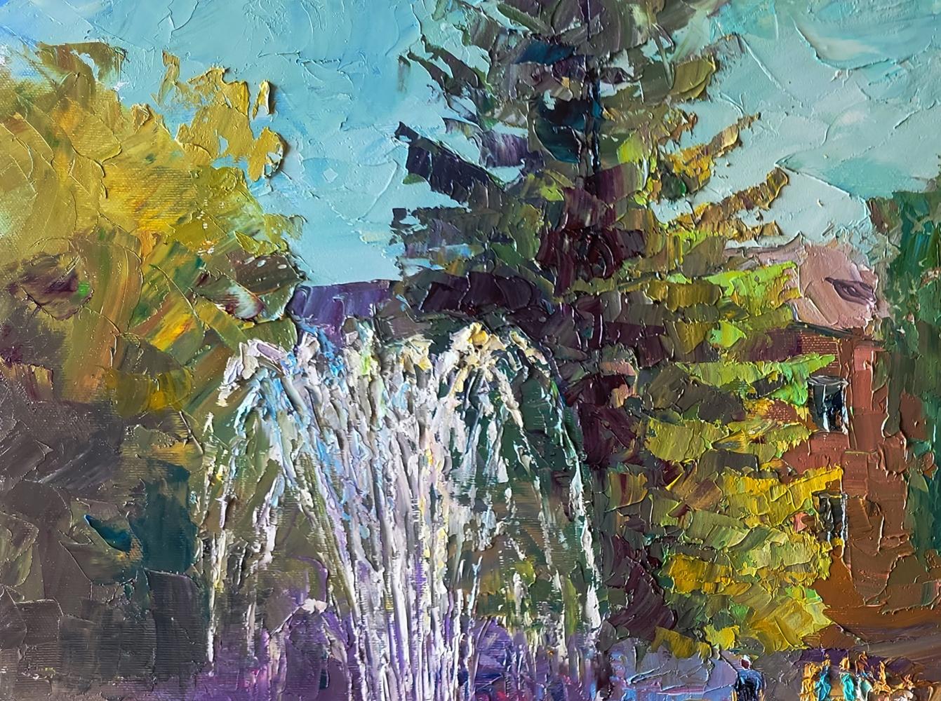 Vibrant impressionist oil painting of Boris Serdyuk city park fountain waterfall