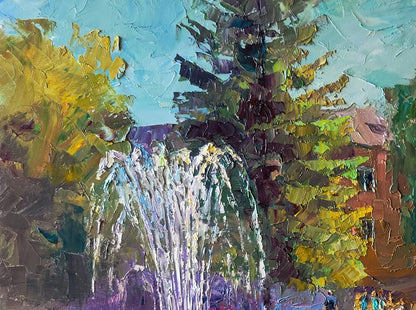 Vibrant impressionist oil painting of Boris Serdyuk city park fountain waterfall