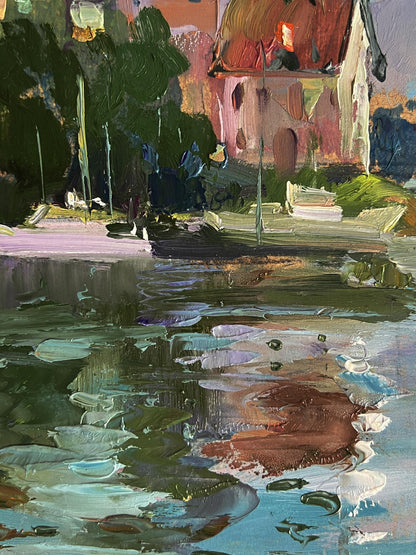 Impressionistic oil painting of pink house by river with trees in water by Yuriy Suprunchuk