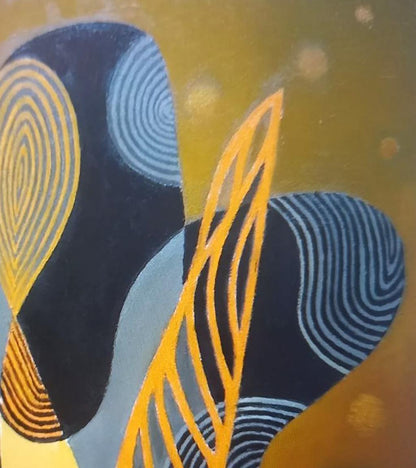 Oil painting Excitement by Alexander Strashevich with bold black blue yellow concentric circles on textured golden background