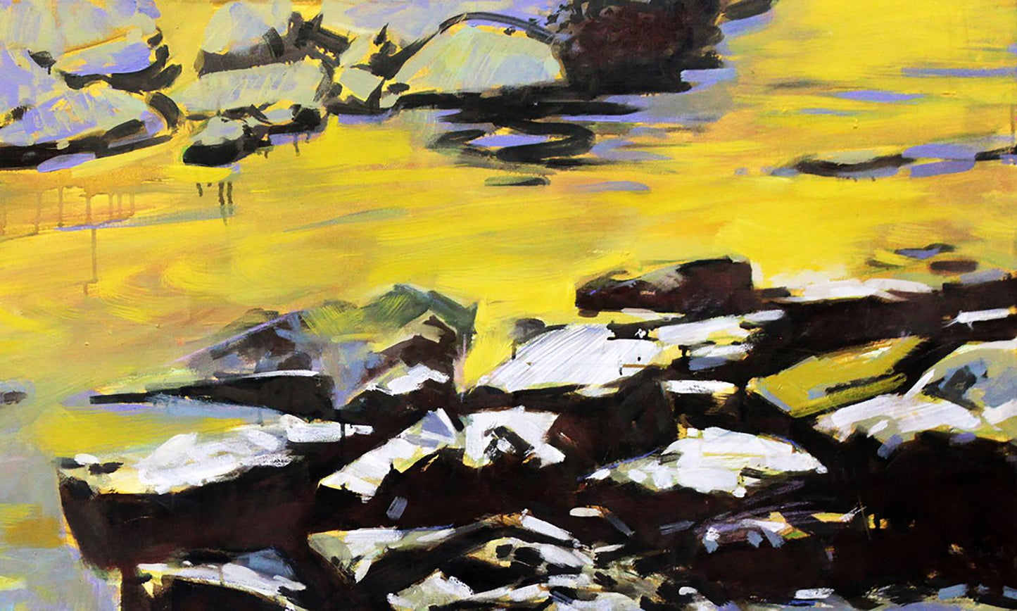 Oil painting by Ed Potapenkov: vibrant yellow water with dark textured rocks