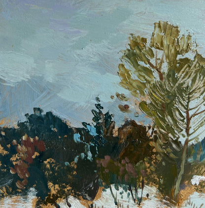 Oil painting Winter Twilight by Yuriy Suprunchuk: tall pine tree