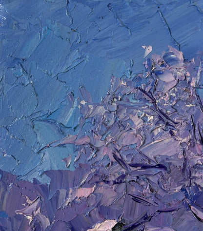 Oil painting Dear wintertime Boris Serdyuk with impasto blue purple brushstrokes