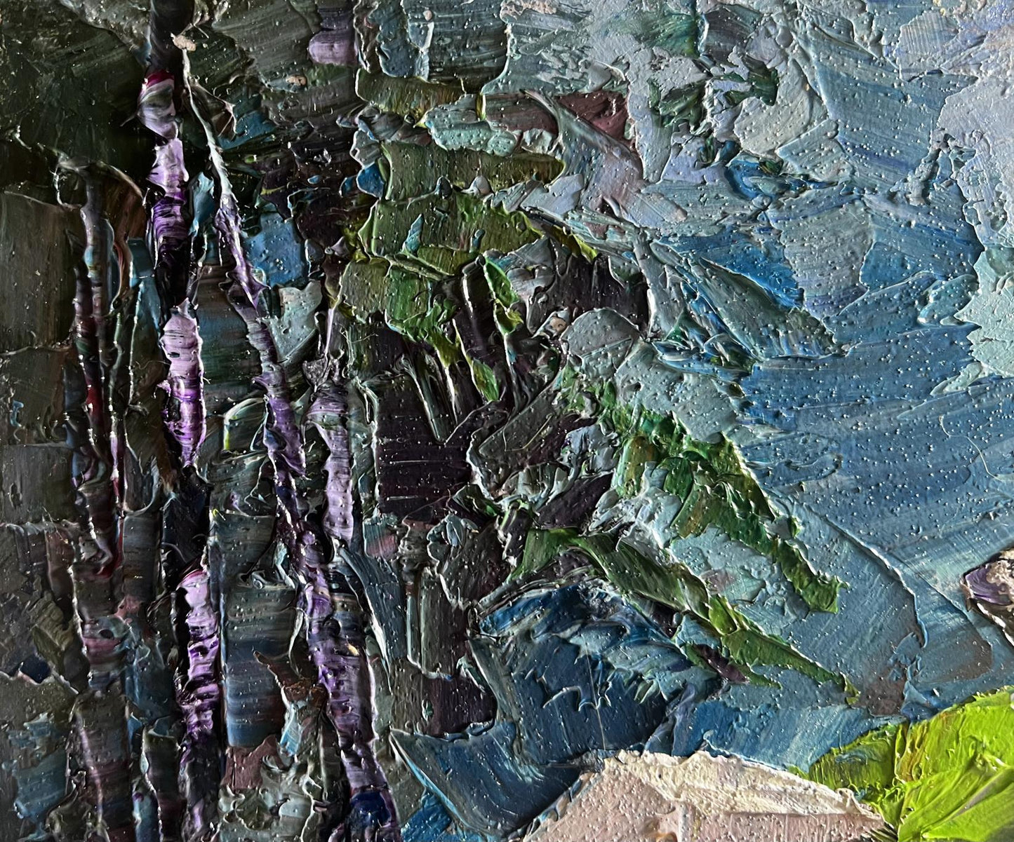 Textured oil painting Path in the forest by Boris Serdyuk with impasto blues