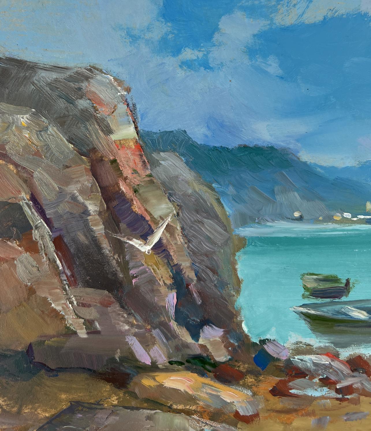 Oil painting of boat on horizon by Yuriy Suprunchuk with rugged cliff and turquoise sea
