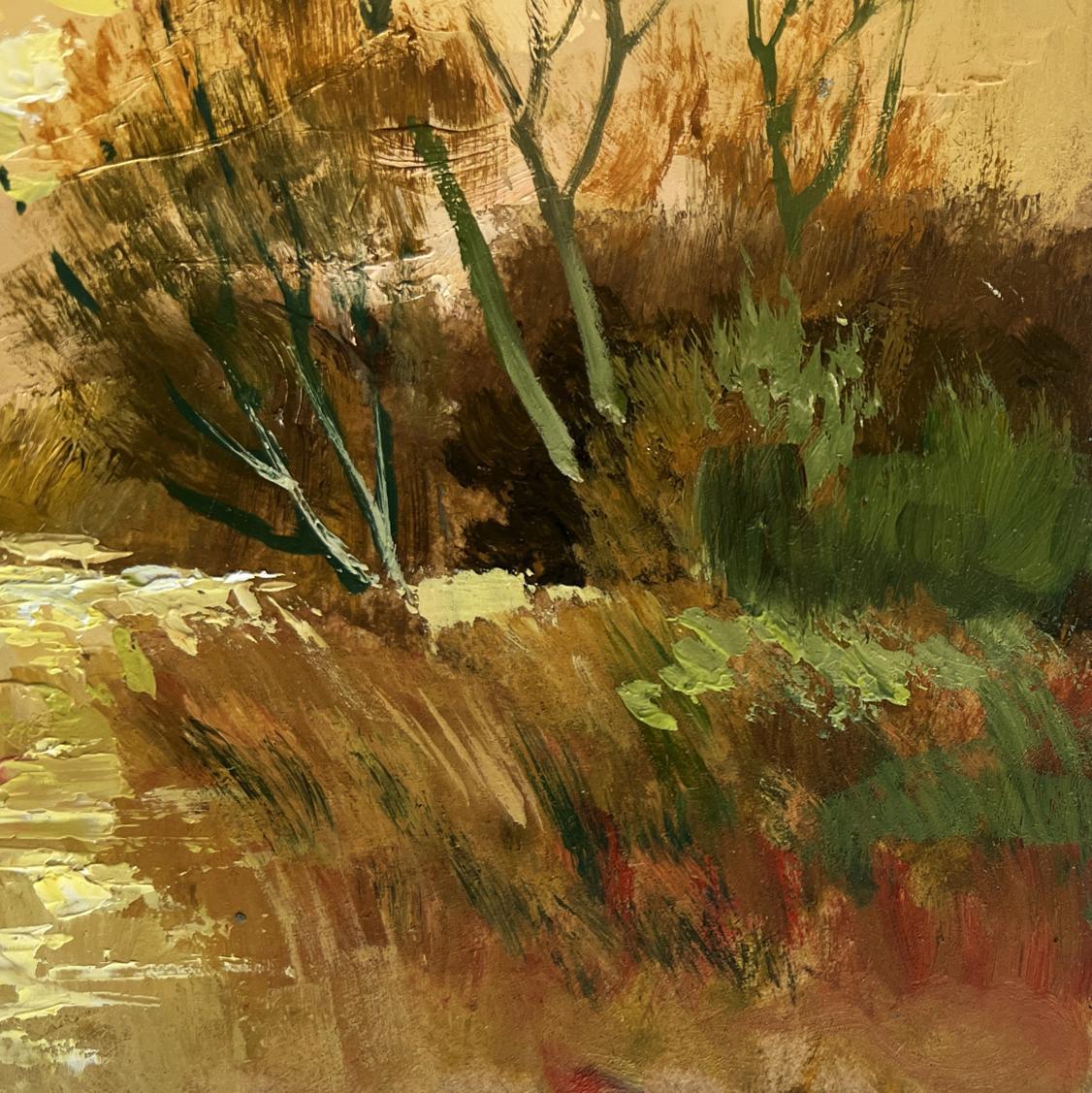 Impressionistic oil painting of quiet evening in orange-toned wooded landscape by Yuriy Suprunchuk