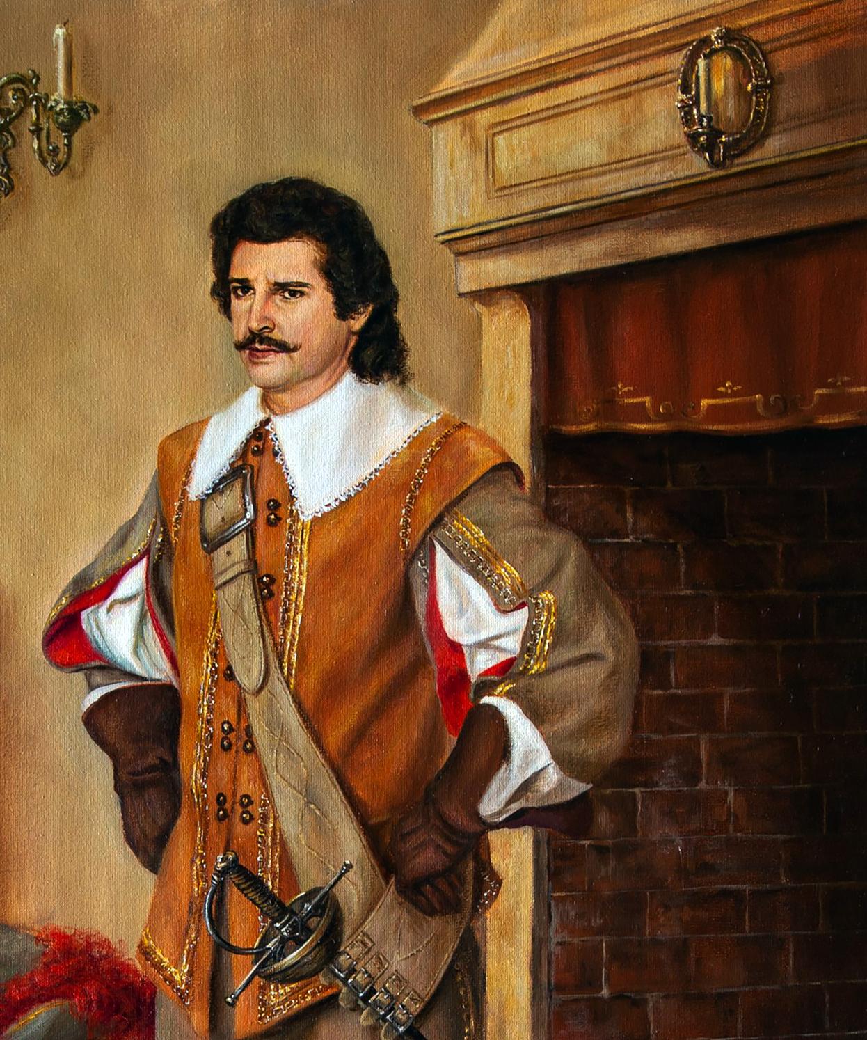 Oil painting of man in orange-brown vest with gold trim by Valeriy Bulat