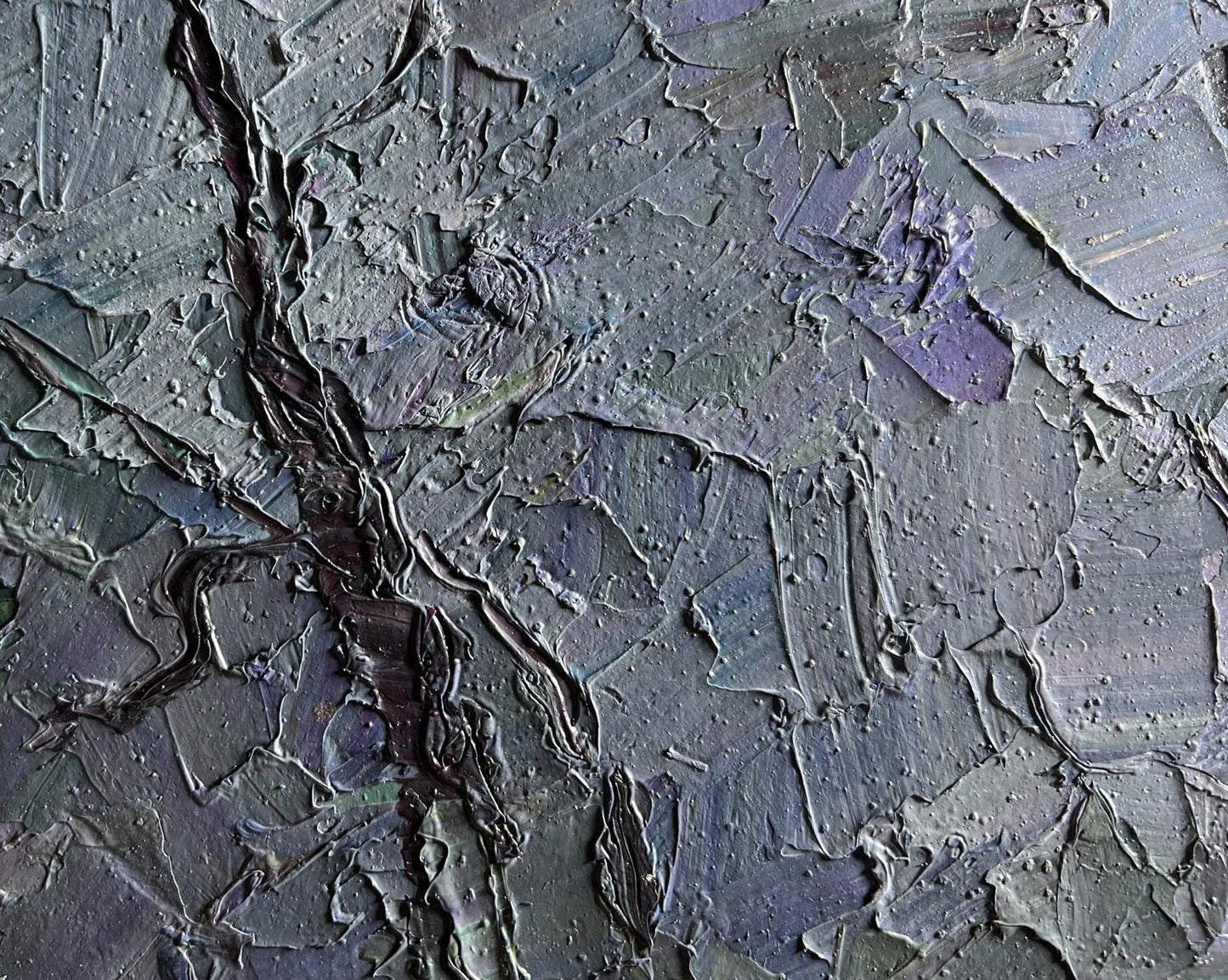 Oil painting Rainy morning by Boris Serdyuk, abstract textured impasto in gray purple