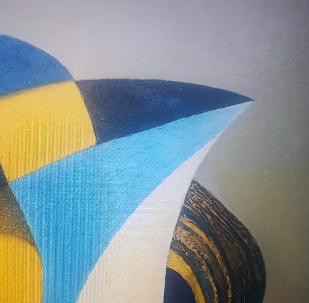Oil painting of yellow blue vase by Alexander Strashevich, bold geometric abstract art