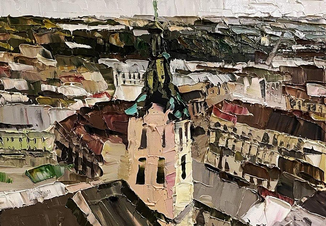Oil painting panorama with Horishnyi N.A. cathedral spire over cityscape