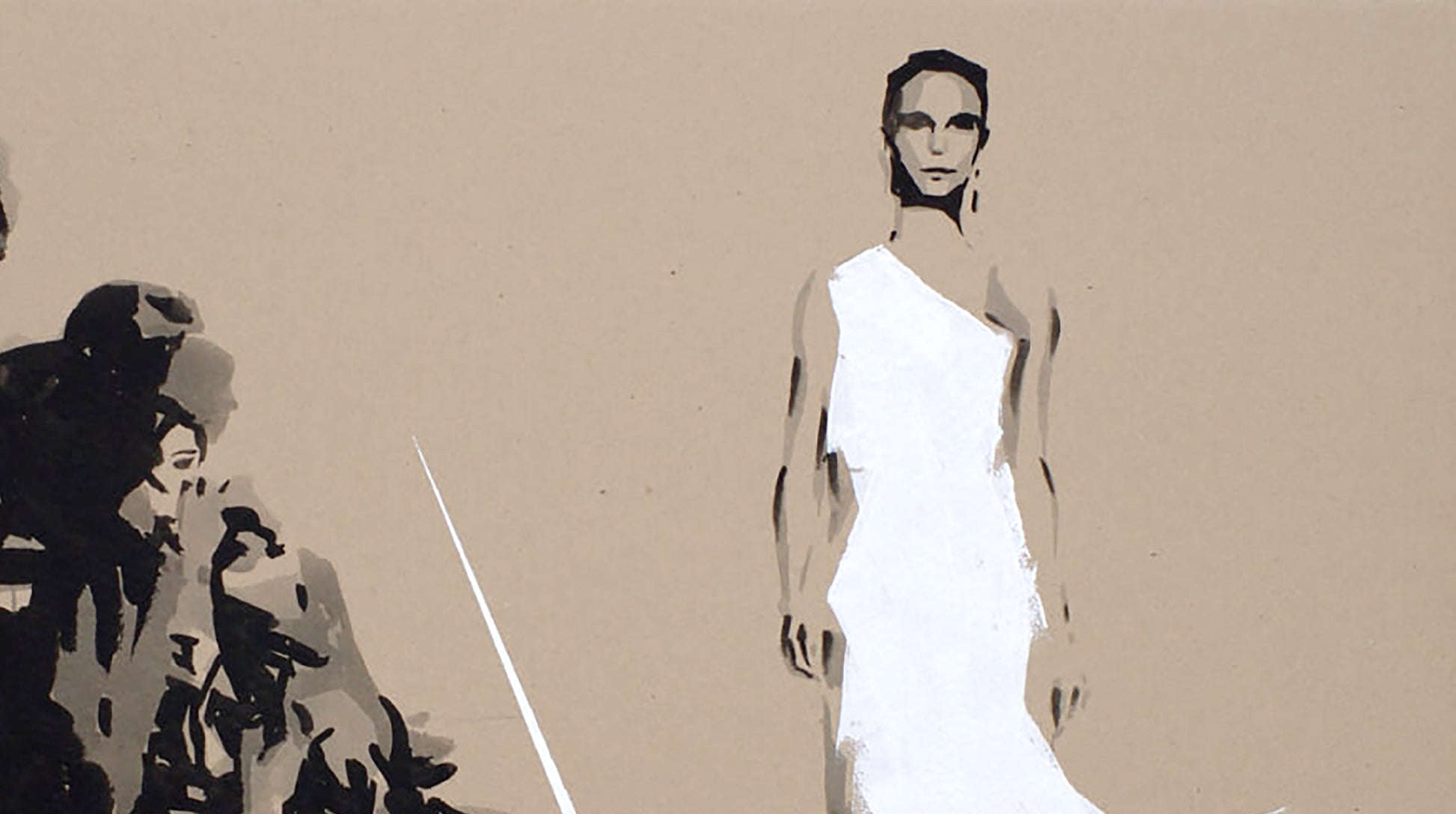 Minimalist white one-shoulder gown on Dima Filatov podium acrylic painting