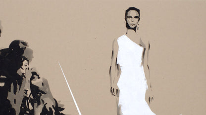 Minimalist white one-shoulder gown on Dima Filatov podium acrylic painting