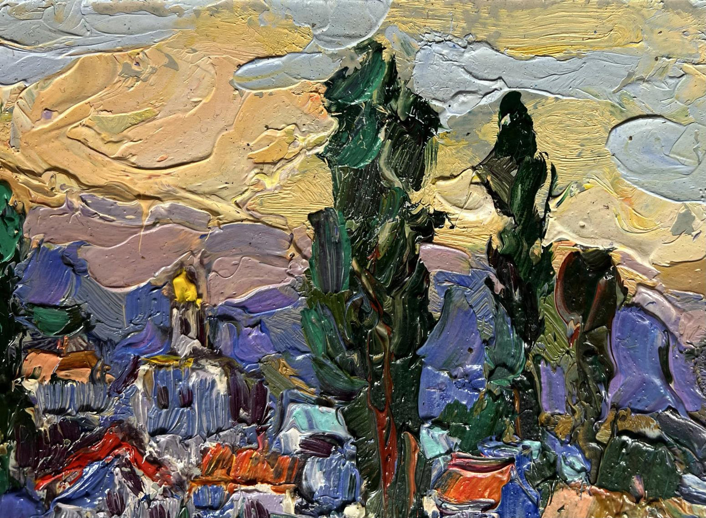 Impasto oil painting by Oleksiy Ivanyuk: riverside village with trees