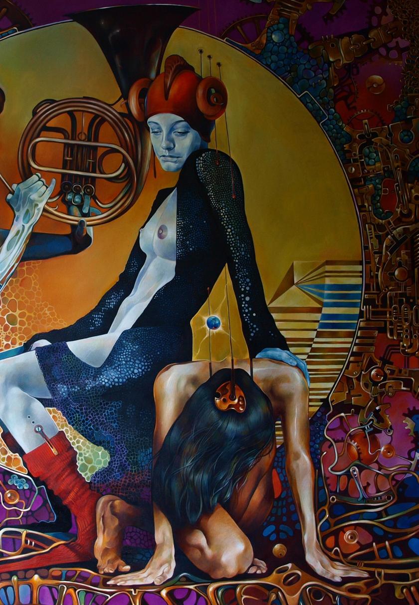 Surreal oil painting Hiranyagarbha Konsta G. Amelinn with figure in black white outfit red boots golden french horn vibrant background