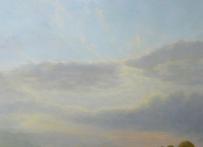 Oil painting of Vasily Korkishko wheat fields under soft gray clouds