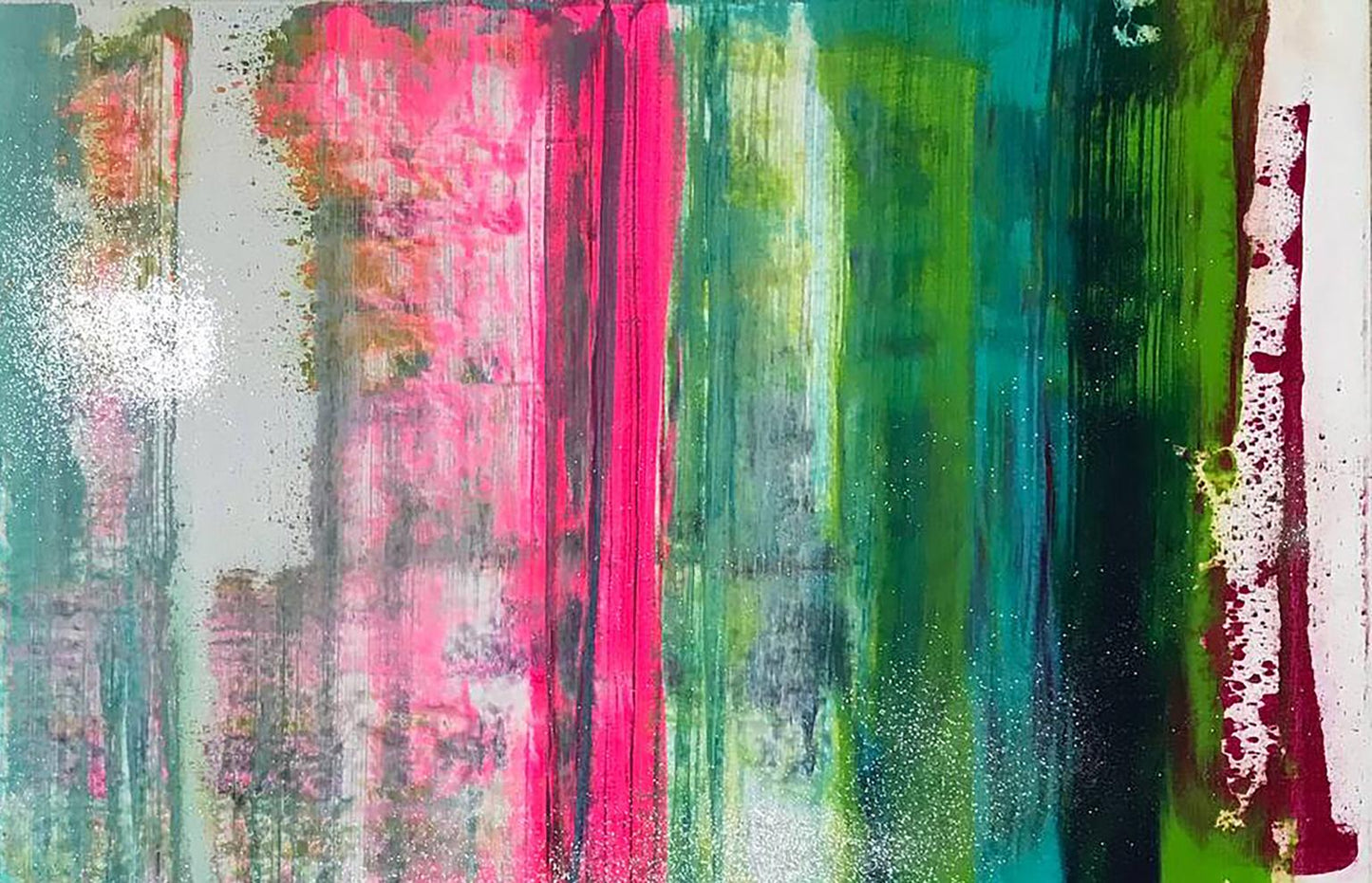 Vibrant Flow acrylic painting by Olga Melezhik with pink green teal stripes