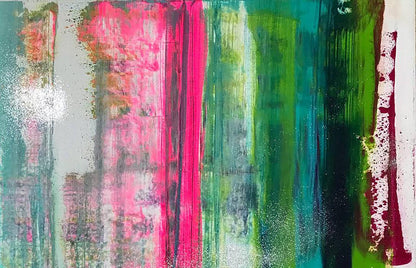Vibrant Flow acrylic painting by Olga Melezhik with pink green teal stripes