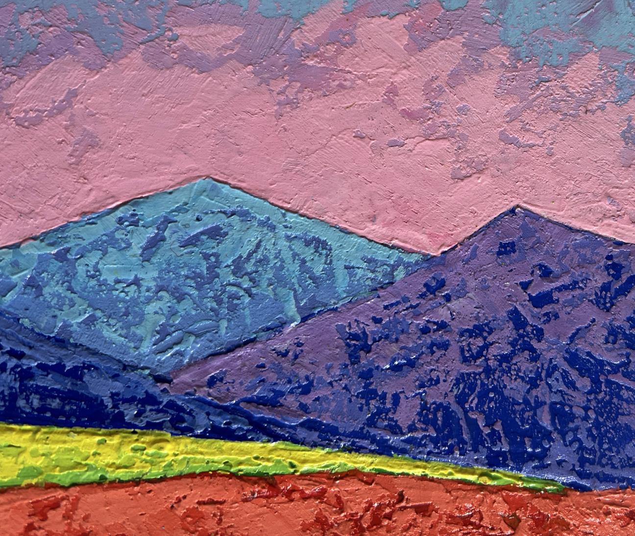 Oil painting The heart drowns in the sunset by V. Zadorozhnya, abstract pink-teal mountains