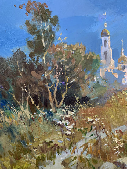 Oil painting by Yuriy Suprunchuk: white church with golden dome amid autumn trees