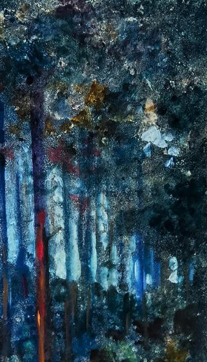 Oil painting Twilight in the Forest by Vitaly Duhnevich, textured blues and golds