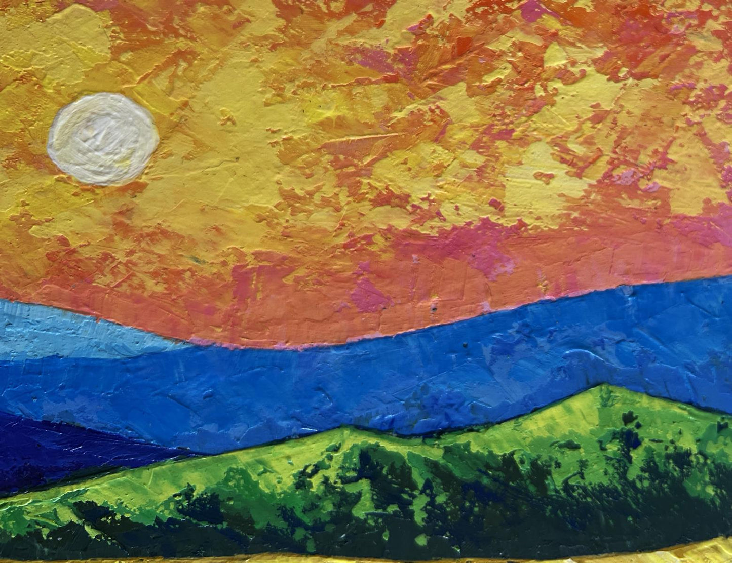 V. Zadorozhnya oil painting of vibrant textured sunset over mountain valley hills