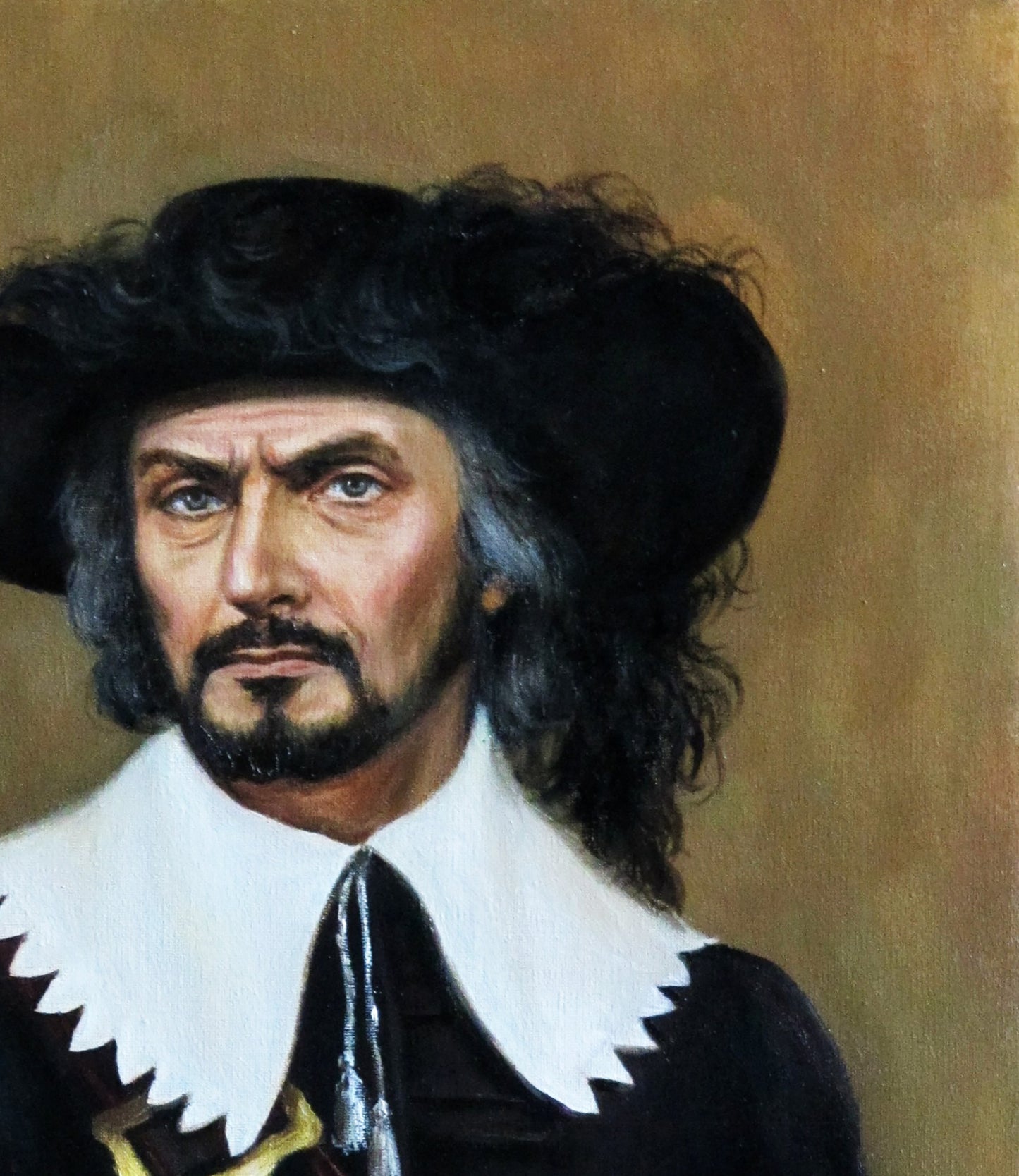 Oil painting Rochefort by Valeriy Bulat, man with dark curly hair in black hat