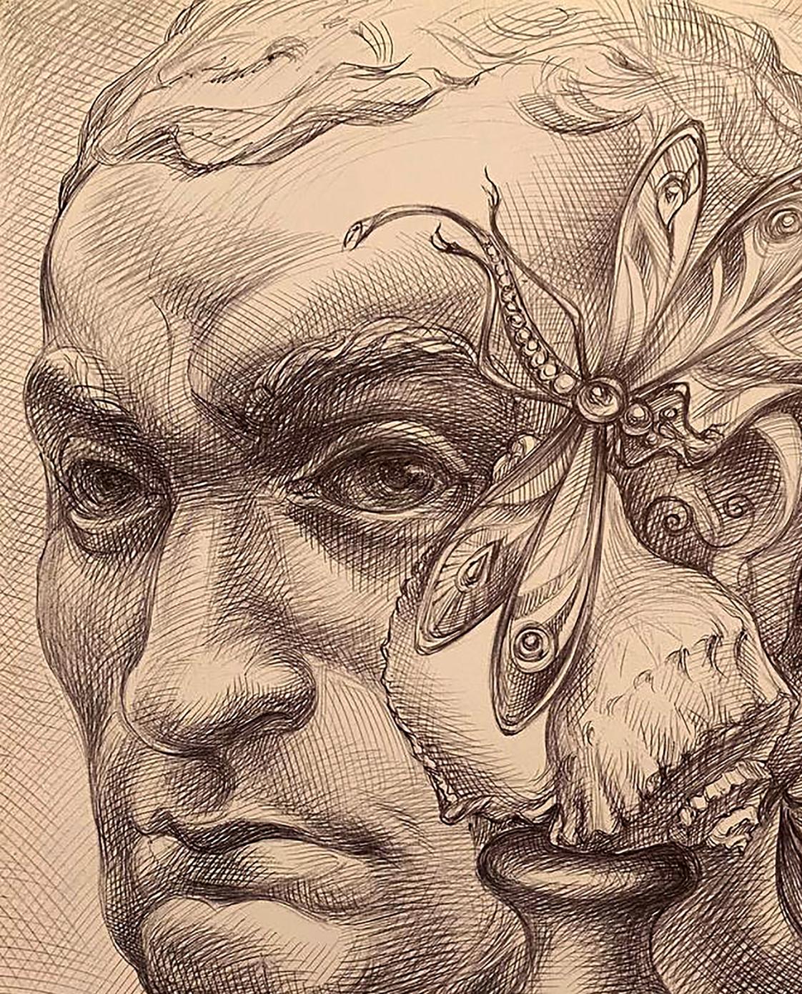 Detailed pencil sketch of thoughtful man with butterfly on temple, skull overlay by Natalia Bulat